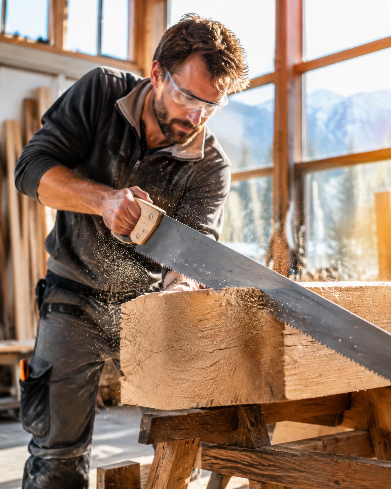 Schreiner bei der präzisen Arbeit in seiner Werkstatt